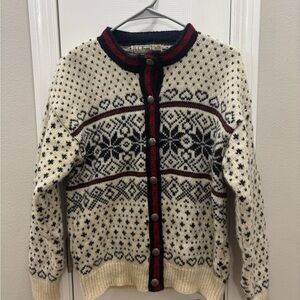 L.L. Bean red, Navy and Cream fair isle heart Knit Sweater wool blend